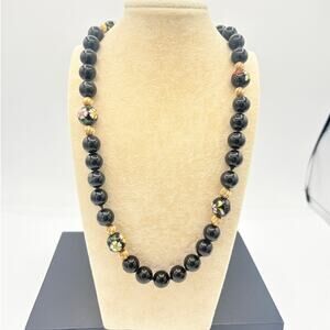 Vintage Onyx Necklace 30” • Cloisonné‑Style Floral Enamel Beads • Gold Accents